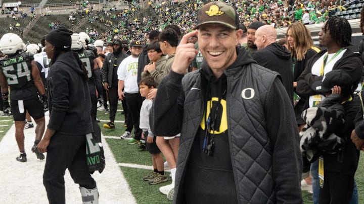Oregon offensive coordinator Will Stein jokes on the sidelines during the Spring Game at Autzen Stadium. Oregon offensive coordinator Will Stein jokes on the sidelines during the Spring Game at Autzen Stadium.