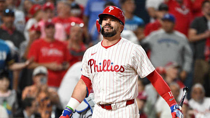 Oct 6, 2025; Philadelphia, Pennsylvania, USA; Philadelphia Phillies designated hitter Kyle Schwarber (12) reacts to striking out against the Los Angeles Dodgers in the eighth inning during game two of the NLDS round for the 2025 MLB playoffs at Citizens Bank Park. Mandatory Credit: Eric Hartline-Imagn Images