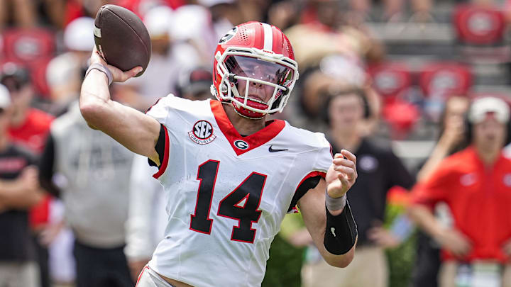 Apr 18, 2026; Athens, GA, USA; Georgia Bulldogs quarterback Gunner Stockton (14) passes the ball during the Georgia Spring football game at Sanford Stadium. Mandatory Credit: Dale Zanine-Imagn Images