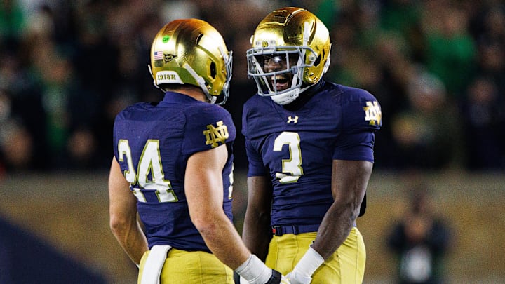 Notre Dame linebacker Jaylen Sneed (3) and linebacker Jack Kiser (24) celebrate getting a stop during a NCAA college football game against Florida State at Notre Dame Stadium on Saturday, Nov. 9, 2024, in South Bend.