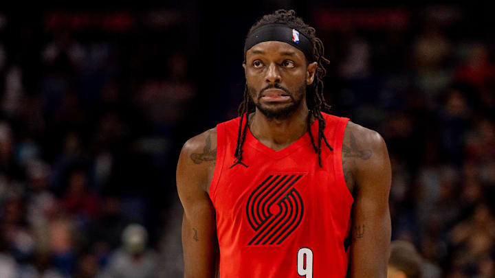 Dec 11, 2025; New Orleans, Louisiana, USA;  Portland Trail Blazers forward Jerami Grant (9) reacts to a play against the New Orleans Pelicans during the first half at Smoothie King Center. 