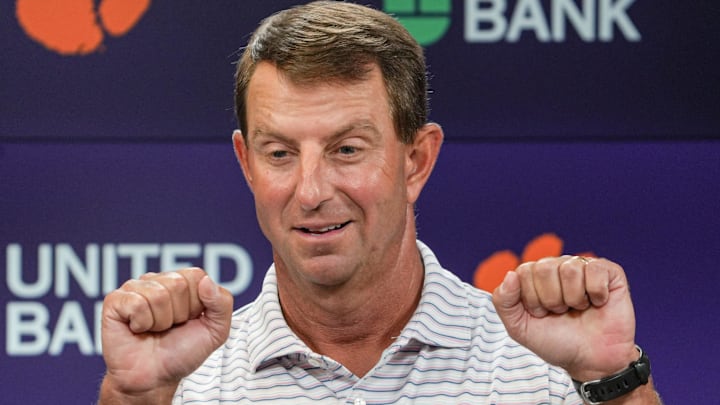 Clemson head coach Dabo Swinney speaks during Clemson football media day at the Smart Family Media Center in Clemson, SC Tuesday, July 15, 2025.