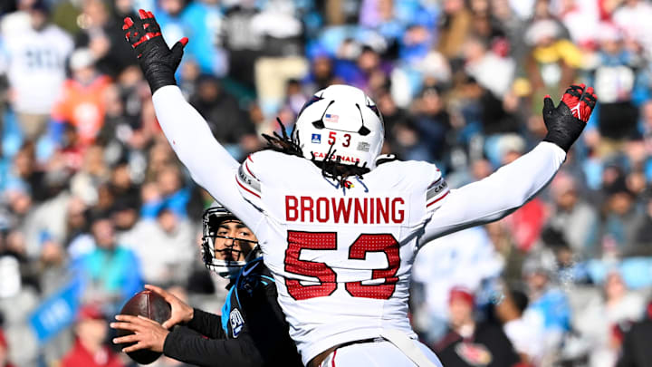 Dec 22, 2024; Charlotte, North Carolina, USA; Carolina Panthers quarterback Bryce Young (9) looks to pass as Arizona Cardinals linebacker Baron Browning (53) pressures in the first quarter at Bank of America Stadium. Mandatory Credit: Bob Donnan-Imagn Images Dec 22, 2024; Charlotte, North Carolina, USA; Carolina Panthers quarterback Bryce Young (9) looks to pass as Arizona Cardinals linebacker Baron Browning (53) pressures in the first quarter at Bank of America Stadium. Mandatory Credit: Bob Donnan-Imagn Images