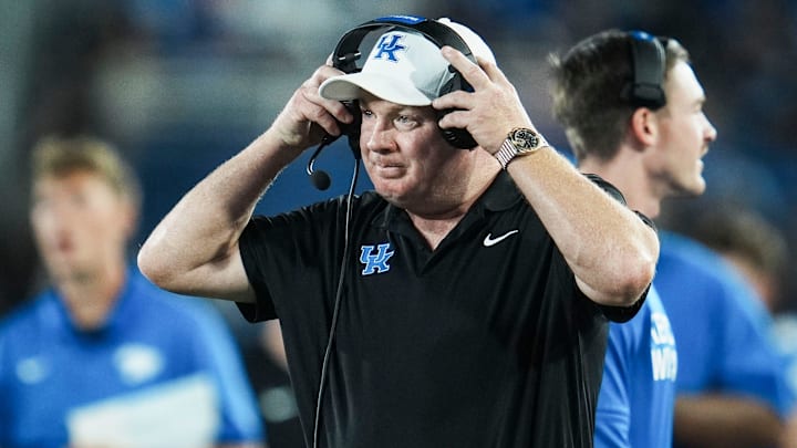 Kentucky Wildcats head football coach Mark Stoops on the sidelines during the game against Eastern Michigan at Kroger Field in Lexington, Kentucky Saturday, Sept. 13, 2025.