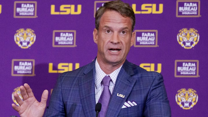 Dec 1, 2025; Baton Rouge, LA, USA; LSU new head coach Lane Kiffin speaks at South Stadium Club at Tiger Stadium. Dec 1, 2025; Baton Rouge, LA, USA; LSU new head coach Lane Kiffin speaks at South Stadium Club at Tiger Stadium.