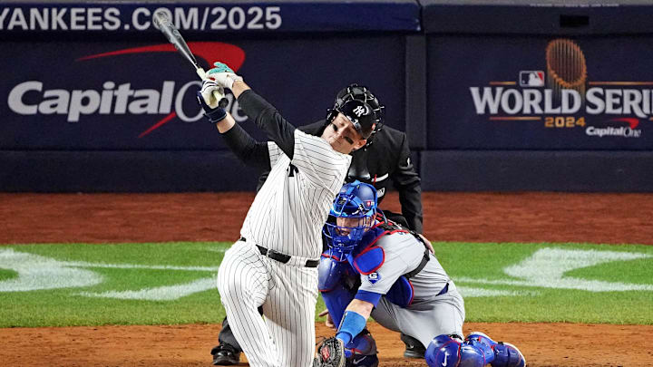 Oct 30, 2024; New York, New York, USA; New York Yankees first baseman Anthony Rizzo (48) strikes out to end the eighth inning against the Los Angeles Dodgers in game four of the 2024 MLB World Series at Yankee Stadium. 