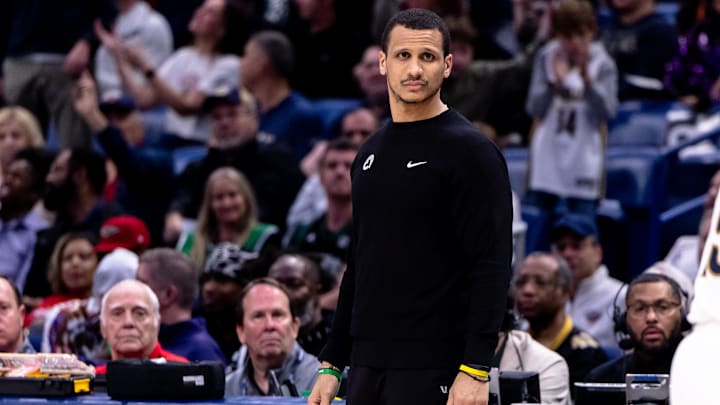 Jan 31, 2025; New Orleans, Louisiana, USA;  Boston Celtics head coach Joe Mazzulla looks on against the New Orleans Pelicans during the second half at Smoothie King Center.