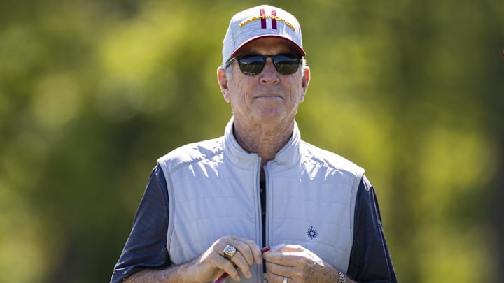 May 15, 2021; Ashburn, Virginia, USA; Former Washington Football Team head coach Norv Turner watches rookie minicamp at Inova Sports Performance Center. Mandatory Credit: Scott Taetsch-Imagn Images