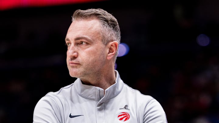 Mar 11, 2026; New Orleans, Louisiana, USA;  Toronto Raptors Head Coach Darko Rajakovic looks on against the New Orleans Pelicans during the first half at Smoothie King Center. Mandatory Credit: Stephen Lew-Imagn Images