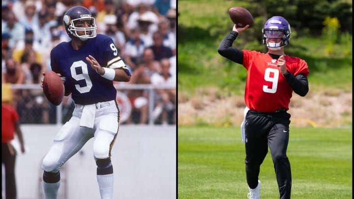 Former Vikings QB Tommy Kramer and current Vikings QB J.J. McCarthy both wear the No. 9. Former Vikings QB Tommy Kramer and current Vikings QB J.J. McCarthy both wear the No. 9.