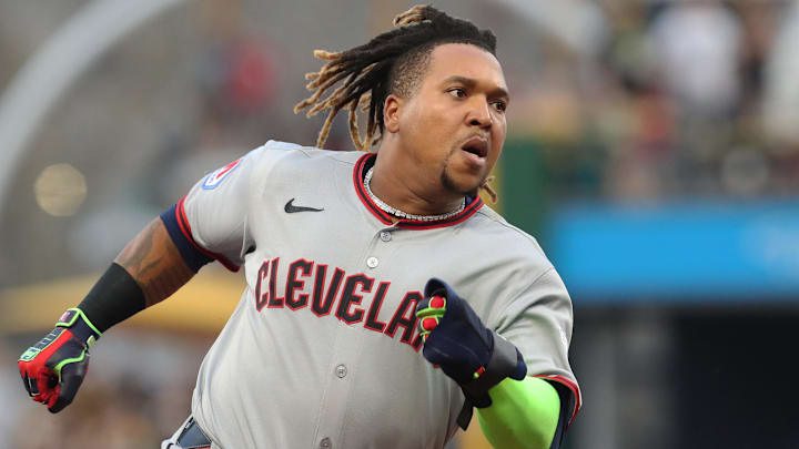 Apr 18, 2025; Pittsburgh, Pennsylvania, USA;  Cleveland Guardians third baseman Jose Ramirez (11) runs the bases against the Pittsburgh Pirates during the third inning at PNC Park. Mandatory Credit: Charles LeClaire-Imagn Images