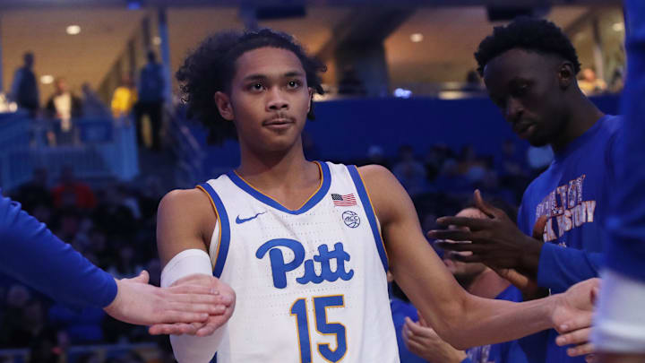 Feb 18, 2025; Pittsburgh, Pennsylvania, USA;  Pittsburgh Panthers guard Jaland Lowe (15) during player introductions against the Syracuse Orange at the Petersen Events Center. Mandatory Credit: Charles LeClaire-Imagn Images