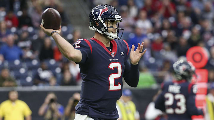 Dec 29, 2019; Houston, Texas, USA; Houston Texans quarterback AJ McCarron (2) attempts a pass during the first quarter against the Tennessee Titans at NRG Stadium.