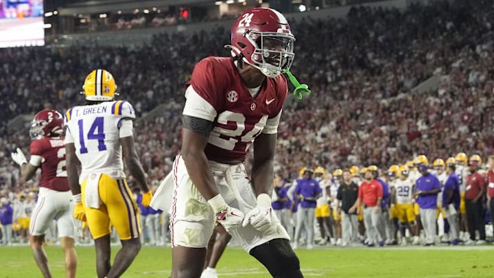Nov 8, 2025; Tuscaloosa, Alabama, USA; Alabama linebacker Noah Carter (24) celebrates a tackle near the LSU goal line at Saban Field at Bryant-Denny Stadium. Alabama defeated LSU 20-9. Mandatory Credit: Gary Cosby Jr.-Imagn Images Nov 8, 2025; Tuscaloosa, Alabama, USA; Alabama linebacker Noah Carter (24) celebrates a tackle near the LSU goal line at Saban Field at Bryant-Denny Stadium. Alabama defeated LSU 20-9. Mandatory Credit: Gary Cosby Jr.-Imagn Images