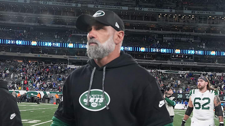 East Rutherford, NJ -- October 14, 2024 -- Jets head coach Jeff Ulbrich leaves the field at the end of the game. The Buffalo Bills came to MetLife Stadium to play the NY Jets. The Jets played their first game under new interim head coach Jeff Ulbrich.