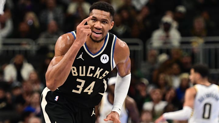 Nov 22, 2024; Milwaukee, Wisconsin, USA; Milwaukee Bucks forward Giannis Antetokounmpo (34) reacts in the second quarter against the Indiana Pacers at Fiserv Forum. Mandatory Credit: Benny Sieu-Imagn Images Nov 22, 2024; Milwaukee, Wisconsin, USA; Milwaukee Bucks forward Giannis Antetokounmpo (34) reacts in the second quarter against the Indiana Pacers at Fiserv Forum. Mandatory Credit: Benny Sieu-Imagn Images