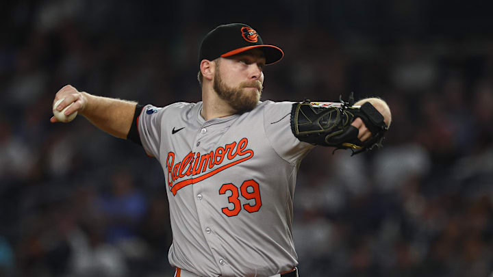 Sep 26, 2024; Bronx, New York, USA; Baltimore Orioles starting pitcher Corbin Burnes (39) delivers a pitch during the first inning against the New York Yankees at Yankee Stadium.