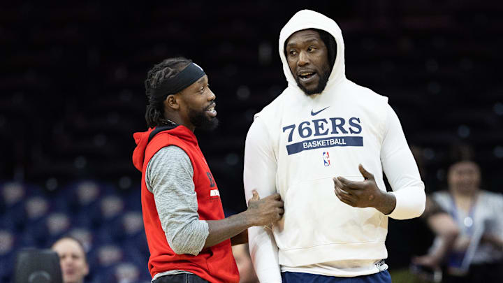 Mar 20, 2023; Philadelphia, Pennsylvania, USA; Chicago Bulls guard Patrick Beverley (L) and Philadelphia 76ers center Montrezl Harrell (R) pregame at Wells Fargo Center. Mandatory Credit: Bill Streicher-Imagn Images