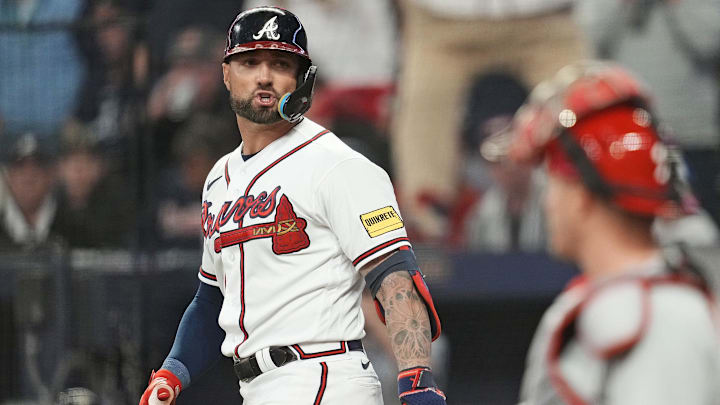 Oct 9, 2023; Cumberland, Georgia, USA; Atlanta Braves left fielder Kevin Pillar (17) reacts to a