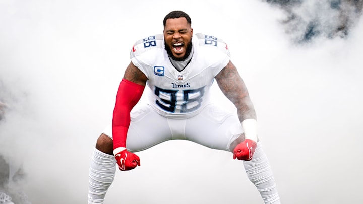 Tennessee Titans defensive tackle Jeffery Simmons heads to the field before a game against the New York Jets at Nissan Stadium in Nashville, Tenn., Sunday, Sept. 15, 2024.