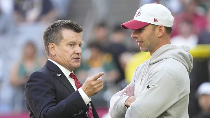 Arizona Cardinals owner Michael Bidwill talks with head coach Jonathan Gannon before playing against the New York Jets at State Farm Stadium in Glendale on Nov. 10, 2024. Arizona Cardinals owner Michael Bidwill talks with head coach Jonathan Gannon before playing against the New York Jets at State Farm Stadium in Glendale on Nov. 10, 2024.