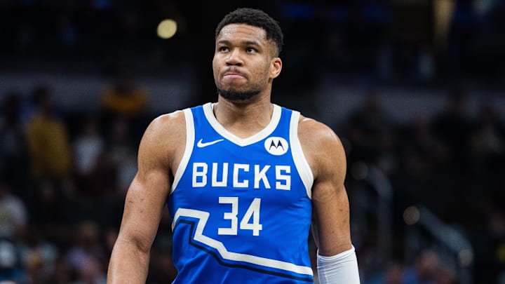 Mar 11, 2025; Indianapolis, Indiana, USA; Milwaukee Bucks forward Giannis Antetokounmpo (34)  in the second half against the Indiana Pacers  at Gainbridge Fieldhouse. Mandatory Credit: Trevor Ruszkowski-Imagn Images