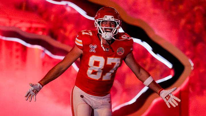 Kansas City Chiefs tight end Travis Kelce (87) takes the field prior to a game against the Denver Broncos at GEHA Field at Arrowhead Stadium. Kansas City Chiefs tight end Travis Kelce (87) takes the field prior to a game against the Denver Broncos at GEHA Field at Arrowhead Stadium.