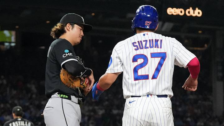 Aug 17, 2026; Chicago, Illinois, USA; Chicago White Sox first baseman Munetaka Murakami (5) and Chicago Cubs right fielder Seiya Suzuki (27) talk at first base during the fifth inning at Wrigley Field. Mandatory Credit: David Banks-Imagn Images Aug 17, 2026; Chicago, Illinois, USA; Chicago White Sox first baseman Munetaka Murakami (5) and Chicago Cubs right fielder Seiya Suzuki (27) talk at first base during the fifth inning at Wrigley Field. Mandatory Credit: David Banks-Imagn Images