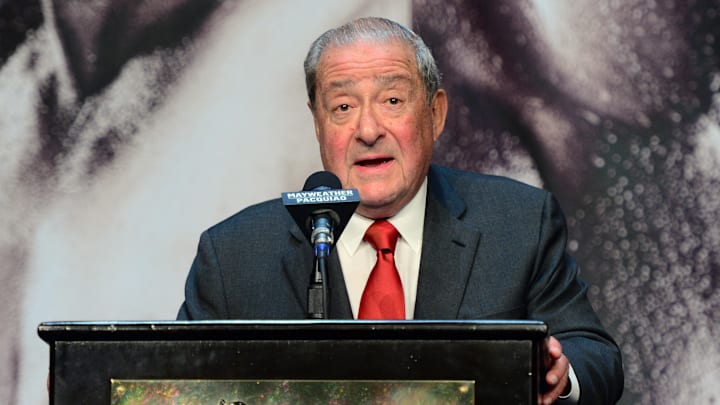 Apr 29, 2015; Las Vegas, NV, USA; Top Rank Promotions ceo Bob Arum speaks during a press conference at KA Theatre. Mandatory Credit: Joe Camporeale-Imagn Images