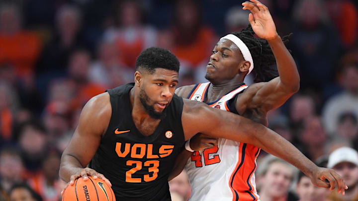 Dec 2, 2025; Syracuse, New York, USA; William Kyle III led the way defensively for the Orange with six blocks against the Volunteers. Mandatory Credit: Rich Barnes-Imagn Images