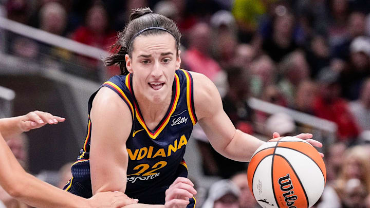 Indiana Fever guard Caitlin Clark (22) rushes up the court Sunday, Sept. 15, 2024, during the game at Gainbridge Fieldhouse in Indianapolis. The Indiana Fever defeated the Dallas Wings, 110-109.