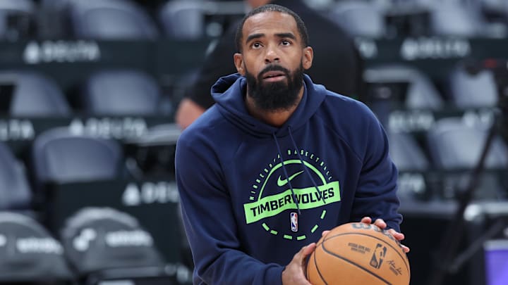 Nov 10, 2025; Salt Lake City, Utah, USA; Minnesota Timberwolves guard Mike Conley (10) warms up before the game against the Utah Jazz at Delta Center.