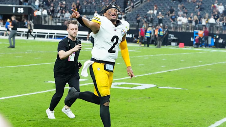 Oct 13, 2024; Paradise, Nevada, USA; Pittsburgh Steelers quarterback Justin Fields (2) runs off the field after the Steelers defeated the Las Vegas Raiders 32-13 at Allegiant Stadium. Mandatory Credit: Stephen R. Sylvanie-Imagn Images