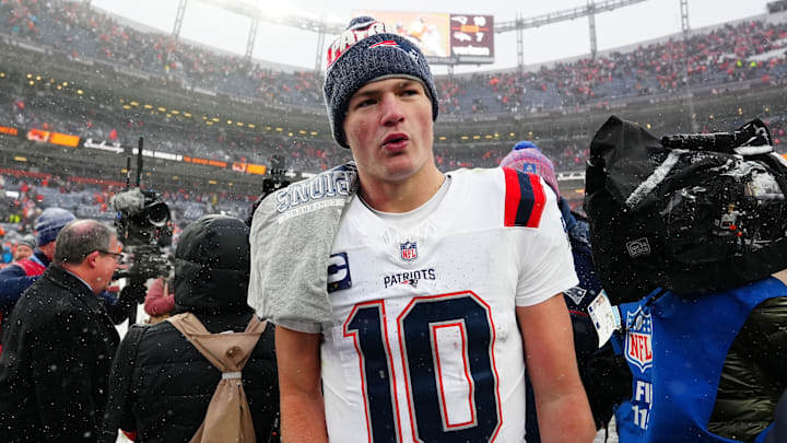Jan 25, 2026; Denver, CO, USA; New England Patriots quarterback Drake Maye (10) reacts after defeating the Denver Broncos in the 2026 AFC Championship Game at Empower Field at Mile High. Mandatory Credit: Ron Chenoy-Imagn Images