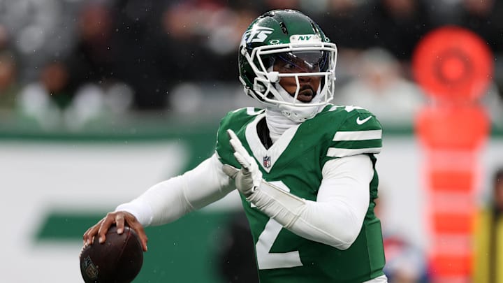 Nov 30, 2025; East Rutherford, New Jersey, USA; New York Jets quarterback Tyrod Taylor (2) drops back to pass against the Atlanta Falcons during the first half at MetLife Stadium. Mandatory Credit: Vincent Carchietta-Imagn Images