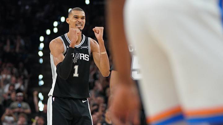 Spurs forward Victor Wembanyama reacts against the Thunder in the first half during Game 6 of the Western Conference finals.