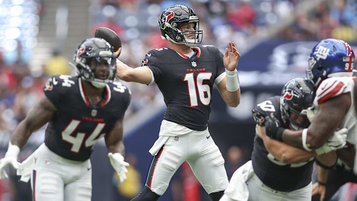 Houston Texans quarterback Tim Boyle (16) attempts a pass during the fourth quarter against the New York Giants at NRG Stadium. Houston Texans quarterback Tim Boyle (16) attempts a pass during the fourth quarter against the New York Giants at NRG Stadium.