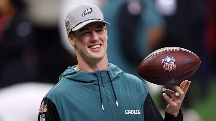 Philadelphia Eagles quarterback Tanner McKee (16) during warmups before Super Bowl LIX between the Philadelphia Eagles and the Kansas City Chiefs at Caesars Superdome. 