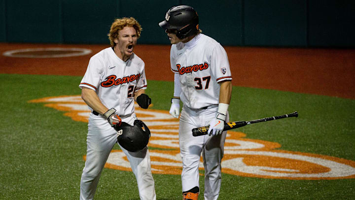 Oregon State left fielder Wade Meckler, left, celebrates after crossing home plate to score for the Beavers Friday, June 3, 2022, at the 2022 NCAA Corvallis Regional at Goss Stadium in Corvallis.
Syndication The Register Guard Oregon State left fielder Wade Meckler, left, celebrates after crossing home plate to score for the Beavers Friday, June 3, 2022, at the 2022 NCAA Corvallis Regional at Goss Stadium in Corvallis.
Syndication The Register Guard