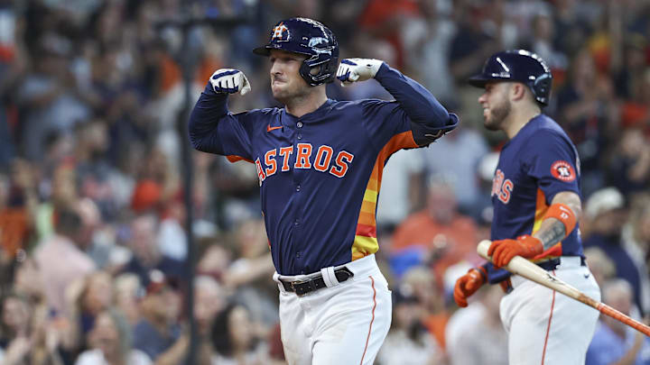 Sep 22, 2024; Houston, Texas, USA; Houston Astros third baseman Alex Bregman (2) celebrates after hitting a home run during the fifth inning against the Los Angeles Angels at Minute Maid Park. Mandatory Credit: Troy Taormina-Imagn Images
