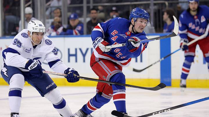 Oct 13, 2026; New York, New York, USA; New York Rangers left wing Alexis Lafreniere (13) follows through on a shot against Tampa Bay Lightning right wing Ilya Mikheyev (95) during the third period at Madison Square Garden. Mandatory Credit: Brad Penner-Imagn Images Oct 13, 2026; New York, New York, USA; New York Rangers left wing Alexis Lafreniere (13) follows through on a shot against Tampa Bay Lightning right wing Ilya Mikheyev (95) during the third period at Madison Square Garden. Mandatory Credit: Brad Penner-Imagn Images