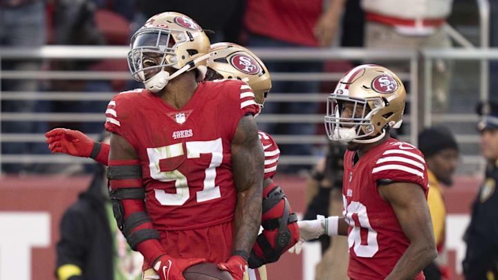 November 27, 2022; Santa Clara, California, USA; San Francisco 49ers linebacker Dre Greenlaw (57) celebrates after defensive stop against the New Orleans Saints during the fourth quarter at Levi's Stadium. Mandatory Credit: Kyle Terada-Imagn Images