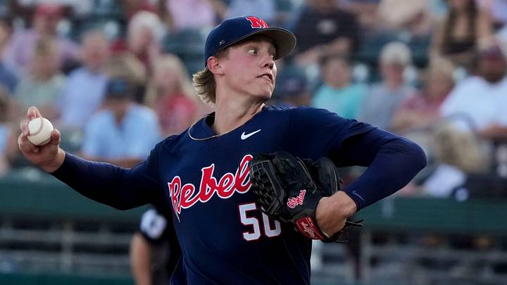May 15, 2026; Tuscaloosa, AL, USA; Ole Miss pitcher Taylor Rabe makes a pitch against Alabama in the final week of the regular season at Sewell-Thomas Stadium.