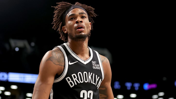 Mar 28, 2025; Brooklyn, New York, USA; Brooklyn Nets center Nic Claxton (33) reacts during the first quarter against the Los Angeles Clippers at Barclays Center. Mandatory Credit: Brad Penner-Imagn Images