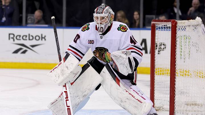 Mar 27, 2026; New York, New York, USA; Chicago Blackhawks goaltender Arvid Soderblom (40) tends net against the New York Rangers during the second period at Madison Square Garden. Mandatory Credit: Brad Penner-Imagn Images