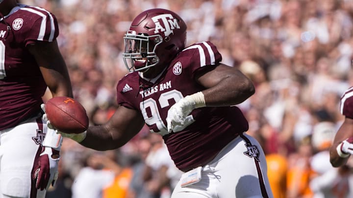 Texas A&M Aggies defensive lineman Zaycoven Henderson in action during the game against the Tennessee Volunteers. Texas A&M Aggies defensive lineman Zaycoven Henderson in action during the game against the Tennessee Volunteers.