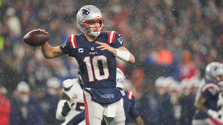 Jan 18, 2026; Foxborough, MA, USA; New England Patriots quarterback Drake Maye (10) throws in the third quarter against the Houston Texans in an AFC Divisional Round game at Gillette Stadium. Mandatory Credit: David Butler II-Imagn Images