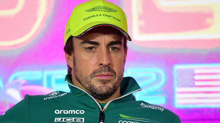 Nov 15, 2023; Las Vegas, Nevada, USA; Aston Martin driver Fernando Alonso of Spain during media