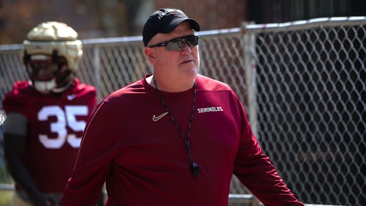 FSU football players walk into the first spring practice of the spring season on Wednesday, March 19, 2025