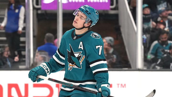 Nov 8, 2025; San Jose, California, USA; San Jose Sharks center Macklin Celebrini (71) reacts after a missed scoring opportunity against the Florida Panthers during the second period at SAP Center at San Jose. Mandatory Credit: Darren Yamashita-Imagn Images